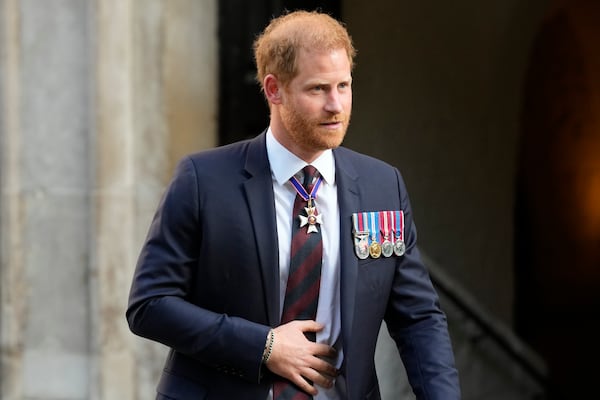 FILE -Britain's Prince Harry leaves after attending an Invictus Games Foundation 10th Anniversary Service of Thanksgiving at St Paul's Cathedral in London, May 8, 2024. (AP Photo/Kirsty Wigglesworth), File)