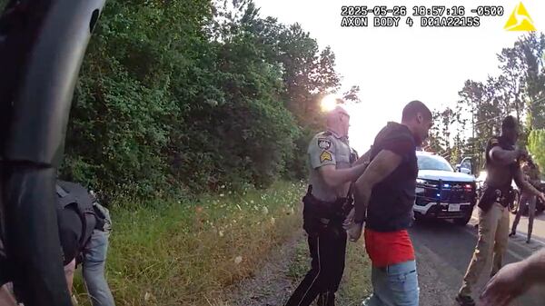 This image from video taken by Huntsville Police Department on May 26, 2025, shows the arrest of two New Orleans inmates who were on the run since their May 16, 2025, jailbreak. (Huntsville Police Department via AP)