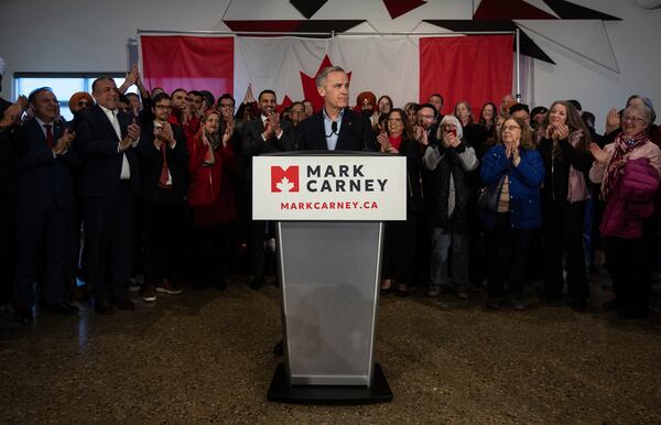 Mark Carney speaks during his Liberal leadership campaign launch in Edmonton, on Thursday Jan. 16, 2025. (Jason Franson/The Canadian Press via AP)