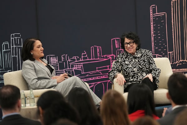 U.S. Supreme Court Associate Justice Sonia Sotomayor participates in a fireside chat with Knight Foundation President and CEO Maribel Pérez Wadsworth in Miami Tuesday, Feb. 11, 2025. (AP Photo/Lynne Sladky)