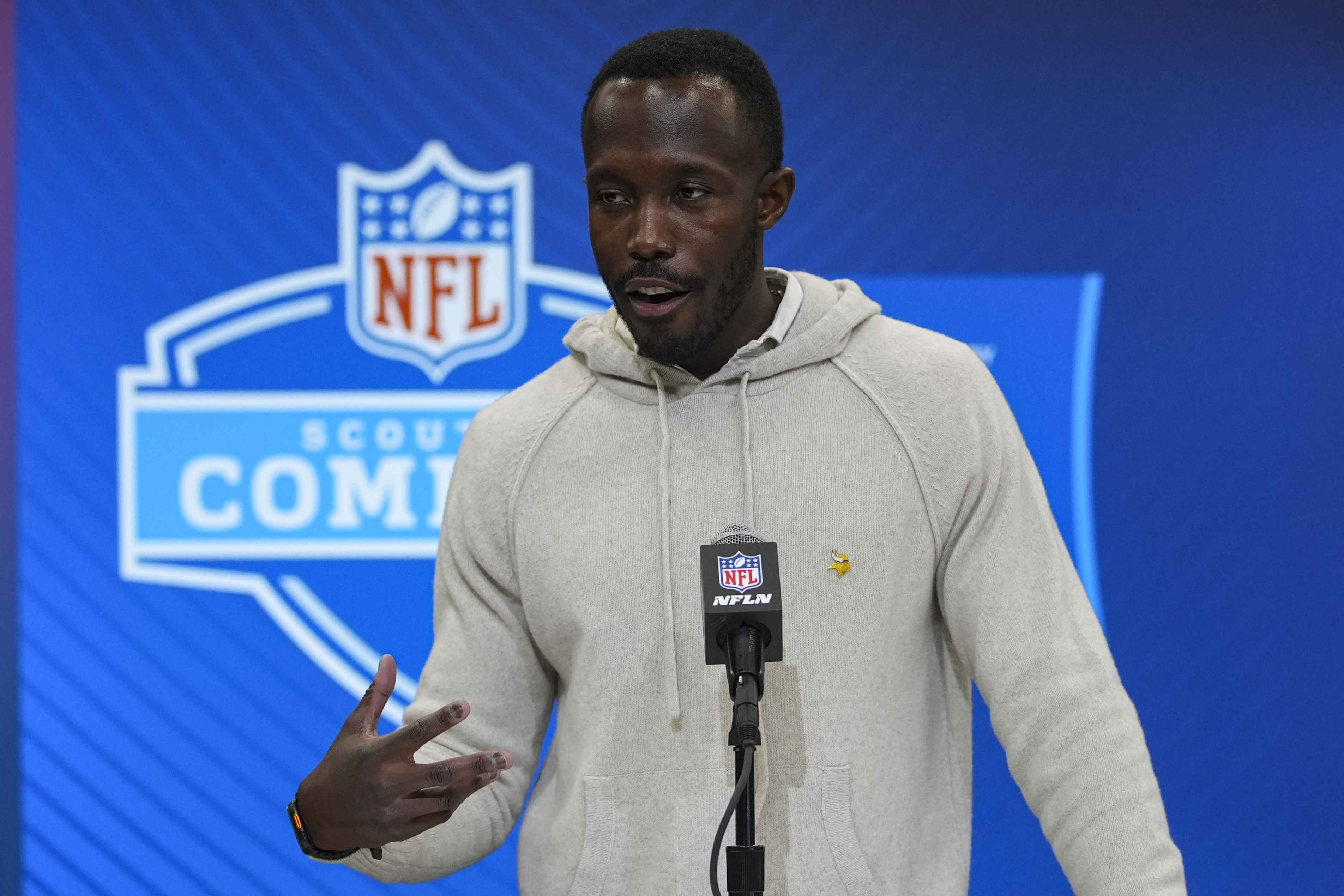 Minnesota Vikings general manager Kwesi Adofo-Mensah speaks during a press conference at the NFL football scouting combine in Indianapolis, Tuesday, Feb. 25, 2025. (AP Photo/Michael Conroy)