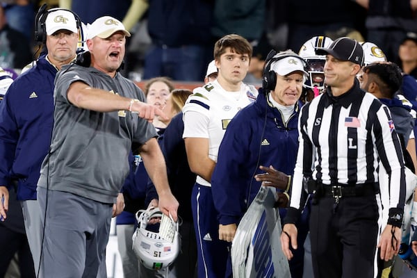 Georgia Tech head coach Brent Key reacts after a penalty was thrown on him during the second half of the Birmingham Bowl NCAA college football game against Vanderbilt, Friday, Dec. 27, 2024, in Birmingham, Ala. (AP Photo/Butch Dill)