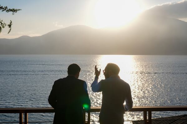 U.S. Secretary of State Marco Rubio, left, meets with President Nayib Bukele at his residence at Lake Coatepeque, El Salvador, Monday, Feb. 3, 2025. (AP Photo/Mark Schiefelbein, Pool)