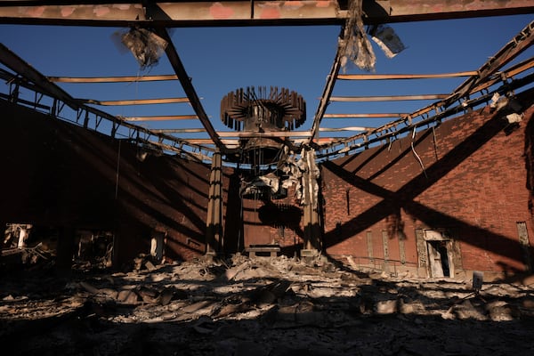 Corpus Christi Church destroyed by the Palisades Fire is seen in Palisades, Calif., Wednesday, Jan. 15, 2025. (AP Photo/Jae C. Hong)