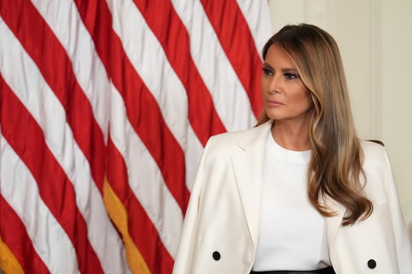 First lady Melania Trump attends an event unveiling a U.S. Postal Service Stamp honoring former first lady Barbara Bush, Thursday, May 8, 2025, in the East Room of the White House in Washington. (AP Photo/Jacquelyn Martin)