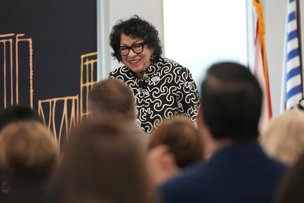 U.S. Supreme Court Associate Justice Sonia Sotomayor participates in a fireside chat with Knight Foundation President and CEO Maribel Pérez Wadsworth in Miami Tuesday, Feb. 11, 2025. (AP Photo/Lynne Sladky)