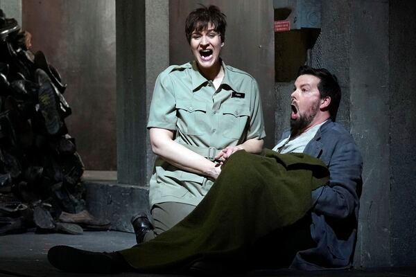 Soprano Lise Davidsen, as Leonore, and tenor David Butt Philip, as Florestan, her husband, perform during a dress rehearsal of Beethoven's "Fidelio," at New York's Metropolitan Opera, Friday, Feb. 28, 2025. (AP Photo/Richard Drew)