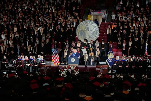 President Donald Trump gives a commencement address at the University of Alabama, Thursday, May 1, 2025, in Tuscaloosa, Ala. (AP Photo/Mike Stewart)