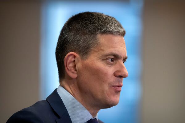 David Miliband, president and CEO of the International Rescue Committee, speaks during an interview with the Associated Press, Thursday, May 8, 2025, in Washington. (AP Photo/Mark Schiefelbein)