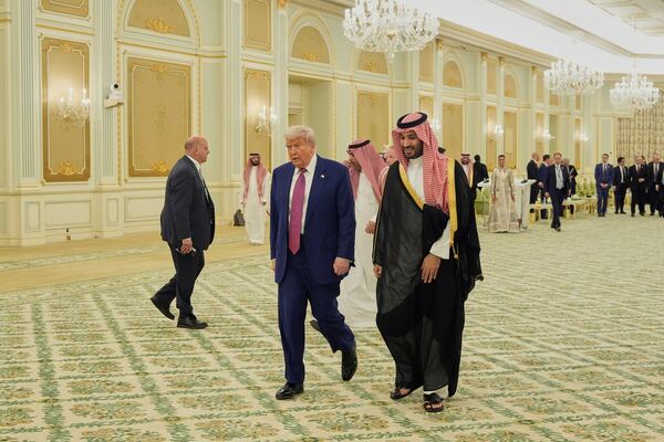 President Donald Trump and Saudi Crown Prince Mohammed bin Salman walk for a signing ceremony at the Royal Palace in Riyadh, Saudi Arabia, Tuesday, May 13, 2025. (AP Photo/Alex Brandon)