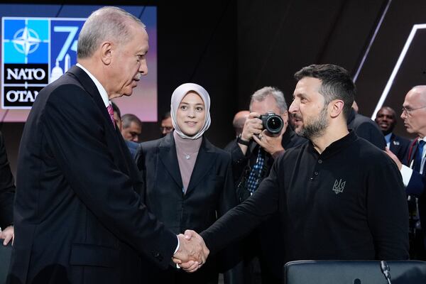 FILE - Turkish President Recep Tayyip Erdogan, left, greets Ukrainian President Volodymyr Zelenskyy during a working session of the NATO summit in Washington, on July 11, 2024. (AP Photo/Susan Walsh, File)