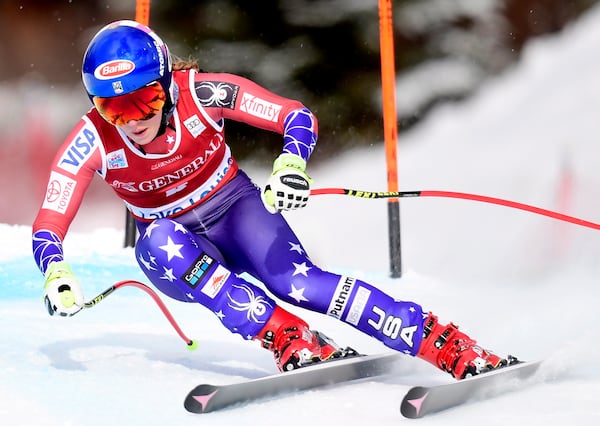 FILE - Mikaela Shiffrin, of the United States, skis down the course during the women's World Cup downhill race in Lake Louise, Alberta, on Saturday, Dec. 2, 2017. (Frank Gunn/The Canadian Press via AP, File)