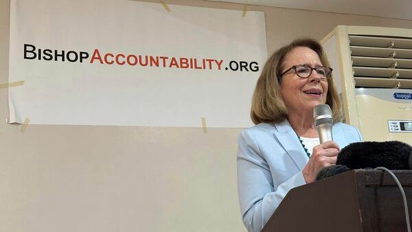 Anne Barrett Doyle, Co-Director of BishopAccountability.org, a United States-based watchdog, speaks at a news conference in Manila on Jan.29, 2025 where they launched an online database on more than 80 Roman Catholic priests who have been accused of sexually abusing minors in the Philippines. (AP Photo/Joeal Calupitan)