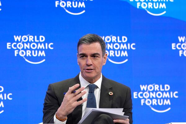 Prime Minister of Spain Pedro Sanchez speaks at the Annual Meeting of World Economic Forum in Davos, Switzerland, Tuesday, Jan. 21, 2025. (AP Photo/Markus Schreiber)