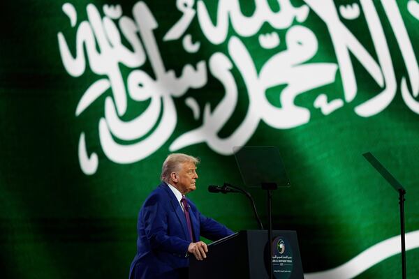 President Donald Trump speaks at the Saudi-U.S. Investment Forum at the King Abdulaziz International Conference Center in Riyadh, Saudi Arabia, Tuesday, May 13, 2025. (AP Photo/Alex Brandon)