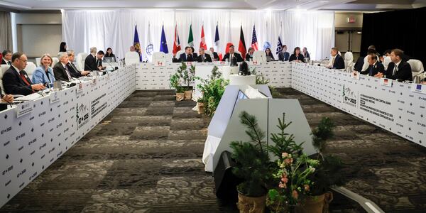 The G7 Finance Ministers attend their meeting in Banff, Alberta, Wednesday, May 21, 2025. (Jeff McIntosh/The Canadian Press via AP)