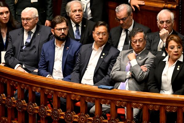 Germany's President Frank-Walter Steinmeier, from left, Chile's President Gabriel Boric, Bolivia's President Luis Arce, Colombia's President Gustavo Petro and Honduran President Xiomara Castro, attend the the swearing-in ceremony for President-elect Yamandu Orsi, at Congress in Montevideo, Uruguay, Saturday, March 1, 2025. Seated left, in back row, is Secretary General of the Organization of American States Luis Almagro. (AP Photo/Santiago Mazzarovich)