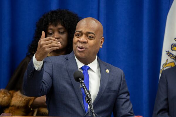 Newark Mayor Ras Baraka speaks at a news conference, saying federal immigration officers detained three undocumented residents and some U.S. citizens at a local business in Newark, N.J. on Friday, Jan. 24, 2025. (AP Photo/Ted Shaffrey)