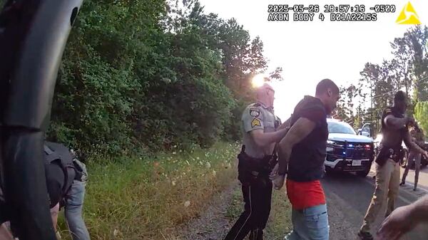 FILE - This image from video taken by Huntsville Police Department on May 26, 2025, shows the arrest of two New Orleans inmates who were on the run since their May 16, 2025, jailbreak. (Huntsville Police Department via AP File)