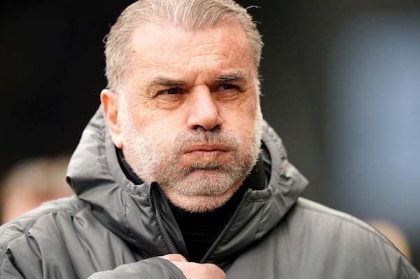 Tottenham Hotspur's manager Ange Postecoglou during the English Premier League soccer match between FC Fulham and Tottenham Hotspur, in London, Sunday, March 16, 2025. (Zac Goodwin/PA via AP)