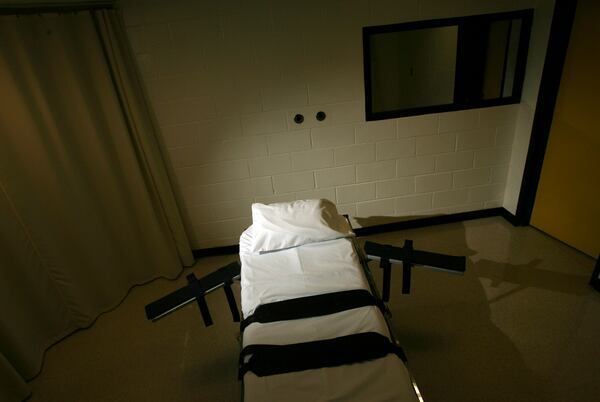 FILE - The gurney used for lethal injections sits in a small cinder block building at the Georgia Diagnostic and Classification Prison in Jackson, Atlanta, Sept. 7, 2007. (Ben Gray/Atlanta Journal-Constitution via AP, File)