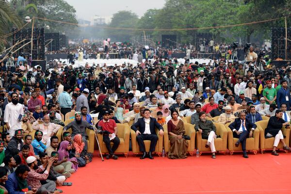 Hundreds of students gather to launch of their new political party called the Jatiya Nagarik Party or National Citizen Party in Dhaka, Bangladesh, Friday, Feb. 28, 2025. (AP Photo/Mahmud Hossain Opu)