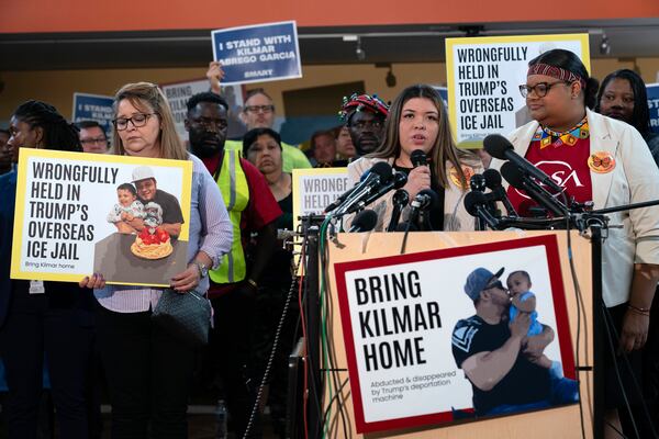 Jennifer Vasquez Sura, the wife of Kilmar Abrego Garcia of Maryland, who was mistakenly deported to El Salvador, speaks during a news conference at CASA's Multicultural Center in Hyattsville, Md., Friday, April 4, 2025. (AP Photo/Jose Luis Magana)