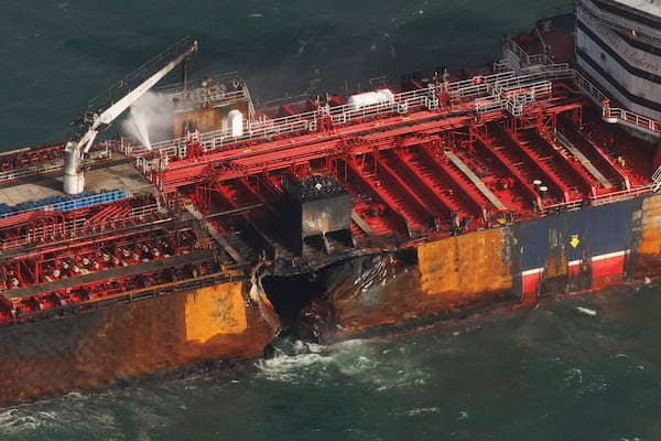 The damaged MV Stena Immaculate tanker at anchor off the Yorkshire coast in the North Sea, Tuesday, March 11, 2025 in England. (Dan Kitwood/Pool Photo via AP)