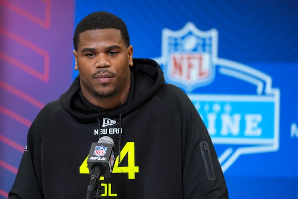 Penn State defensive lineman Abdul Carter speaks during a press conference at the NFL football scouting combine in Indianapolis, Wednesday, Feb. 26, 2025. (AP Photo/Michael Conroy)