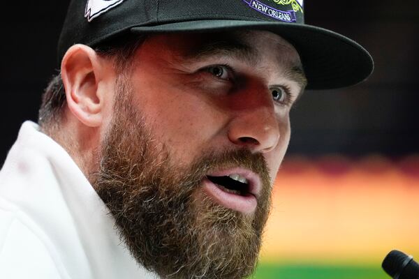 Kansas City Chiefs tight end Travis Kelce (87) participates during Super Bowl 59 Opening Night, Monday, Feb. 3, 2025, in New Orleans, ahead of the NFL football game between the Philadelphia Eagles and the Kansas City Chiefs Sunday. (AP Photo/Brynn Anderson )