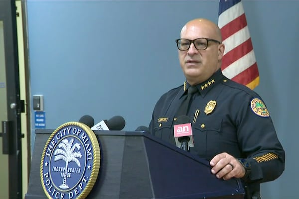 In this image made from video, Miami Police Chief Manny Morales speaks to reporters during a press conference Thursday, Jan. 16, 2025, in Miami. (WPLG-TV via AP)