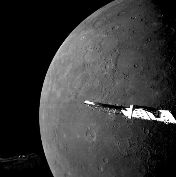 This image provided by European Space Agency shows close-up photos of Mercury showing northern plains taken by the European-Japanese spacecraft BepiColombo. (European Space Agency via AP)