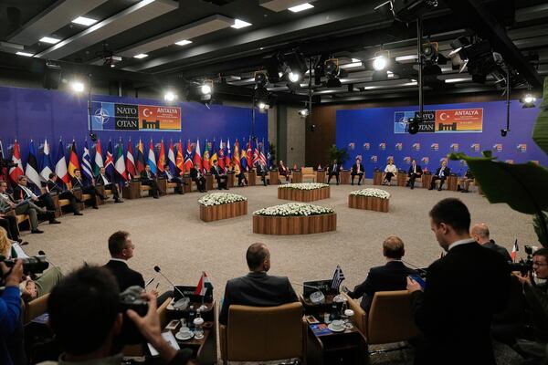 NATO foreign ministers gather during a NATO's informal meeting of foreign ministers in Antalya, southern Turkey, Thursday, May 15, 2025. (AP Photo/Khalil Hamra)