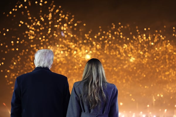 224President-elect Donald Trump, Melania Trump and family watch fireworks at Trump National Golf Club, Saturday, Jan. 18, 2025, in Sterling, Va. (AP Photo/Alex Brandon, Pool)