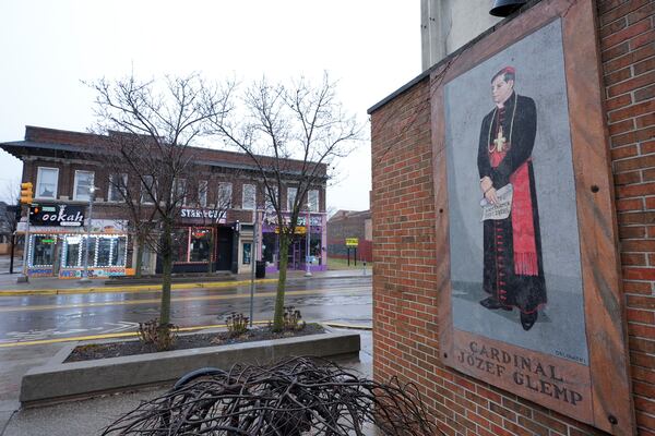 Cardinal Józef Glemp is shown on a wall Friday, Jan. 31, 2025, in Hamtramck, Mich. (AP Photo/Paul Sancya)