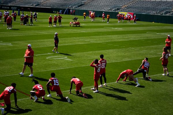 The Kansas City Chiefs' players stretch during an NFL football practice Wednesday, Feb. 5, 2025, in New Orleans, ahead of Super Bowl 59 against the Philadelphia Eagles. (AP Photo/Brynn Anderson)