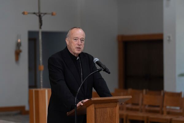 FILE - Cardinal Robert McElroy of San Diego, who was named in the previous month as the archbishop of Washington by Pope Francis, speaks during a news conference, Feb. 27, 2025, in San Diego. (AP Photo/Gregory Bull, File)