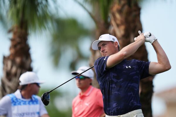 Jordan Spieth tees off on the 18th hole during the first round of the Cognizant Classic golf tournament, Thursday, Feb. 27, 2025, in Palm Beach Gardens, Fla. (AP Photo/Rebecca Blackwell)