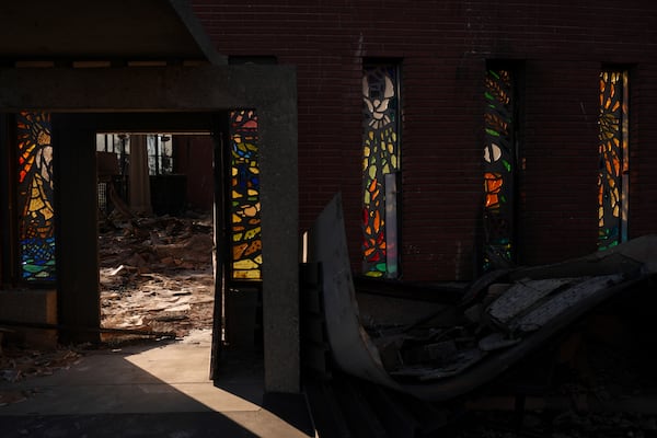 Corpus Christi Church destroyed by the Palisades Fire is seen in Palisades, Calif., Wednesday, Jan. 15, 2025. (AP Photo/Jae C. Hong)