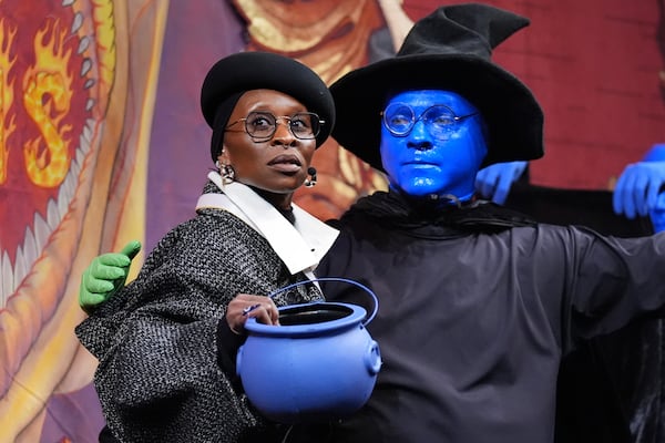 Harvard University's Hasty Pudding Theatricals Woman of the Year Cynthia Erivo, left, stands with a character actor during a roast, Wednesday, Feb. 5, 2025, in Cambridge, Mass. (AP Photo/Charles Krupa)