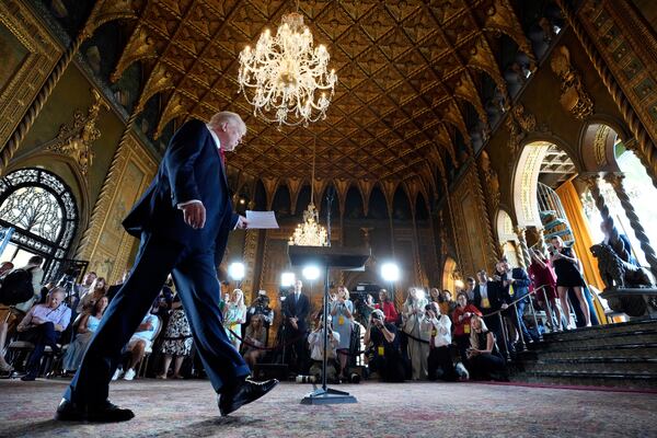 FILE - Republican presidential nominee, former President Donald Trump arrives for a news conference at his Mar-a-Lago estate in Palm Beaxh, Fla., Aug. 8, 2024. (AP Photo/Alex Brandon, File)