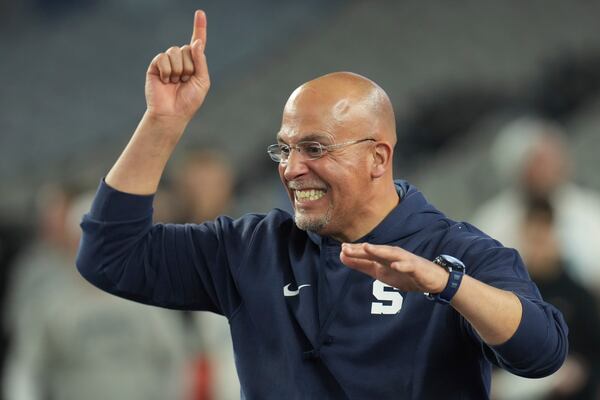 Penn State head coach James Franklin celebrates after the Fiesta Bowl College Football Playoff game against Boise State, Tuesday, Dec. 31, 2024, in Glendale, Ariz. (AP Photo/Ross D. Franklin)