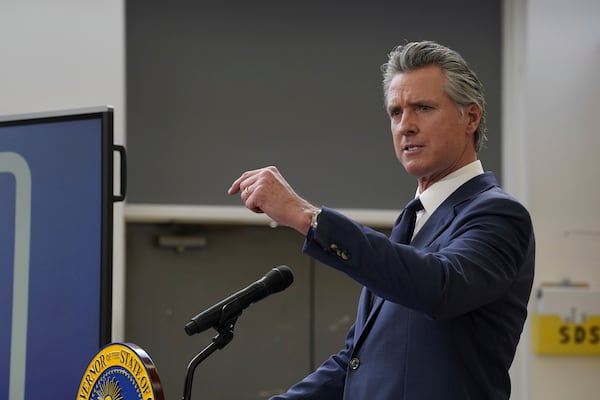 California Gov. Gavin Newsom outlines his proposed 2025-2026 $322 billion state budget during a news conference at California State University, Stanislaus in Turlock, Calif., Monday, Jan. 6, 2025. (AP Photo/Rich Pedroncelli)