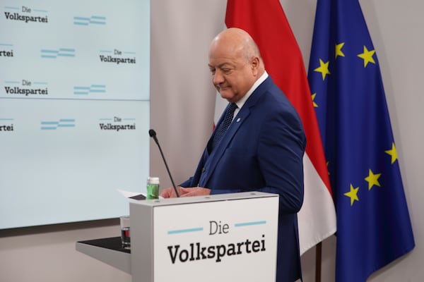 Christian Stocker, Austrian Peoples' Party secretary general and the party's interim leader after the expected resignation of Chancellor Karl Nehammer, arrives for a news conference, in Vienna, Austria, Sunday, Jan. 05, 2025. (AP Photo/Heinz-Peter Bader)