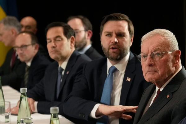 From right, U.S. Special Envoy Keith Kellogg, United States Vice-President JD Vance and United States Secretary of State Marco Rubio meet with Ukraine's President Volodymyr Zelenskyy on the sidelines of the Munich Security Conference in Munich, Germany, Friday, Feb. 14, 2025. (AP Photo/Matthias Schrader)