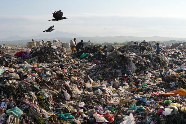 FILE - Indian rag pickers look for reusable material at a garbage dump filled with plastic and other waste material on the outskirts of Jammu, India, April 22, 2024. (AP Photo/Channi Anand, File)