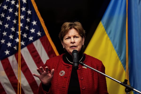 U.S. Senator Jeanne Shaheen speaks during press conference in Kyiv, Ukraine, Monday, Feb. 17, 2025. (AP Photo/Evgeniy Maloletka)