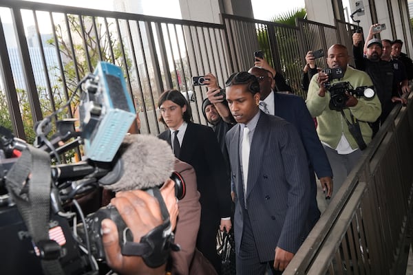 A$AP Rocky arrives at court for his trial Tuesday, Feb. 18, 2025, in Los Angeles. (AP Photo/Damian Dovarganes)