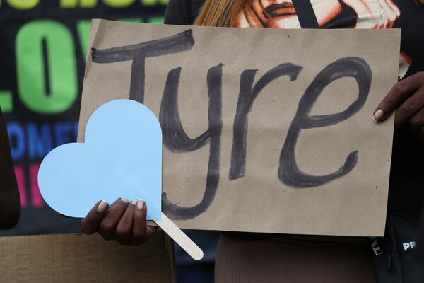 Attendees show their support during a community rally in honor of Tyre Nichols, Thursday, May 8, 2025, in Memphis, Tenn. (AP Photo/Nikki Boertman)