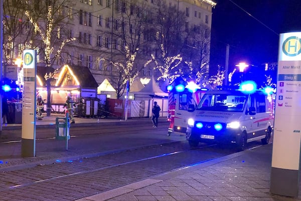 Emergency services attend an incident at the Christmas market in Magdeburg, Germany, Friday Dec. 20, 2024. (Dörthe Hein/dpa via AP)